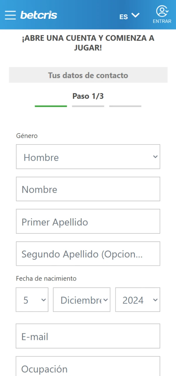 Abra el formulario de inscripción de Betcris.