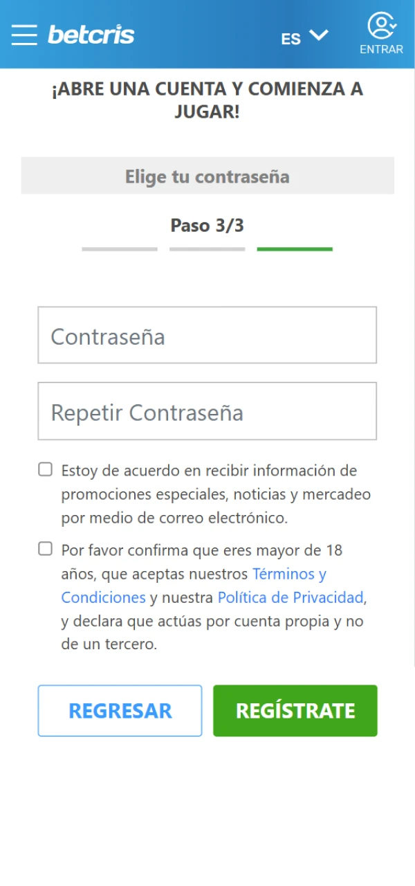 Debe aceptar los términos y condiciones de Betcris relativos a la privacidad.