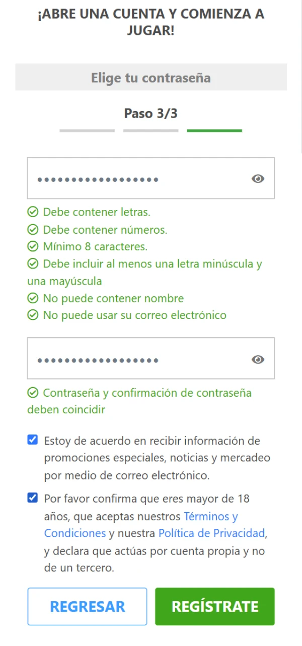 Registro completo en Betcris.