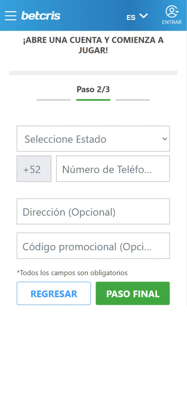 Rellene el formulario de registro de Betcris con sus datos personales.